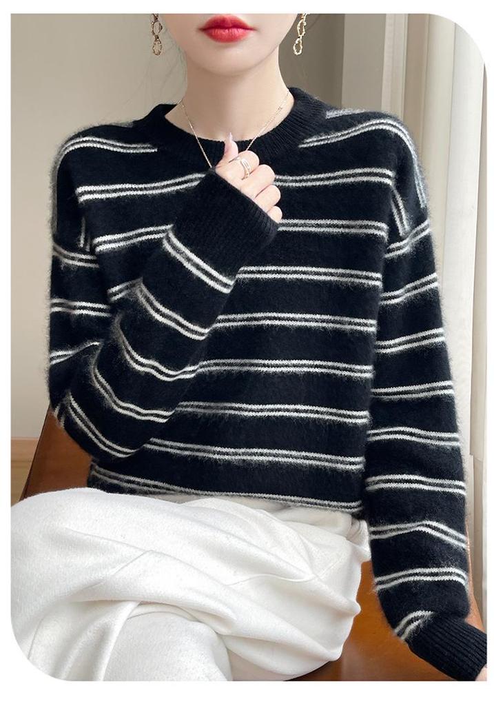 2024 Autumn/Winter Pure Wool Striped Round Neck Sweater - Relaxed, Versatile Fashion for Commuting