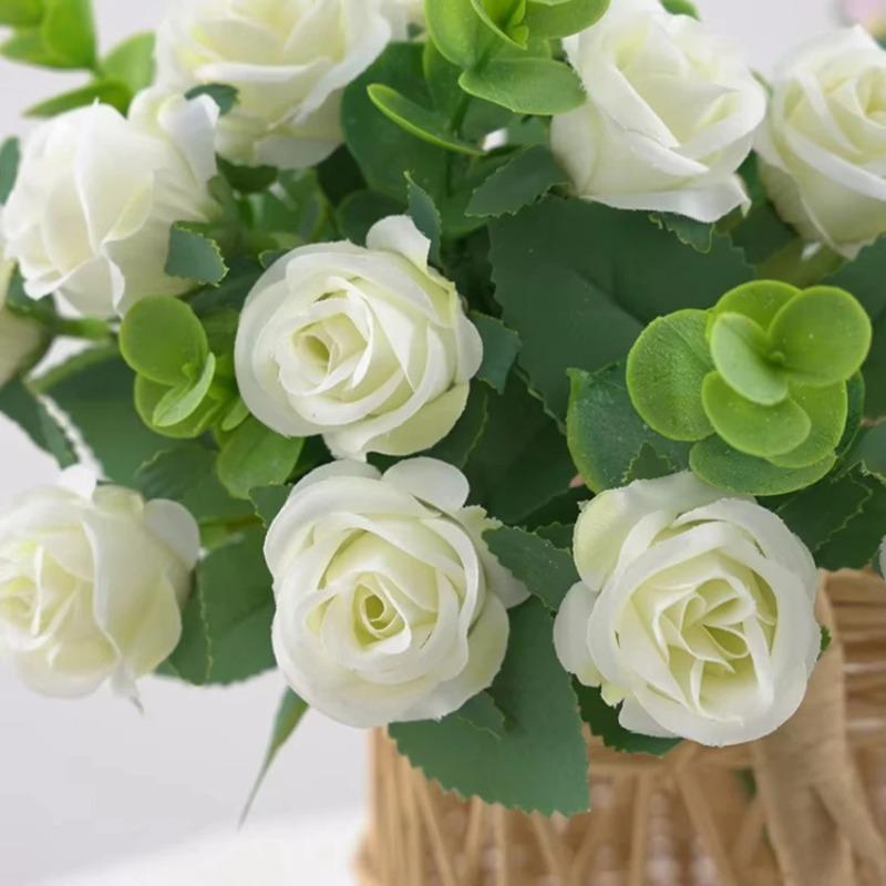Artificial Eucalyptus Leaves & Silk Roses Bouquet, Fake Flowers for Vase, Home Outdoor Garden Festival Wedding Party Table Decor