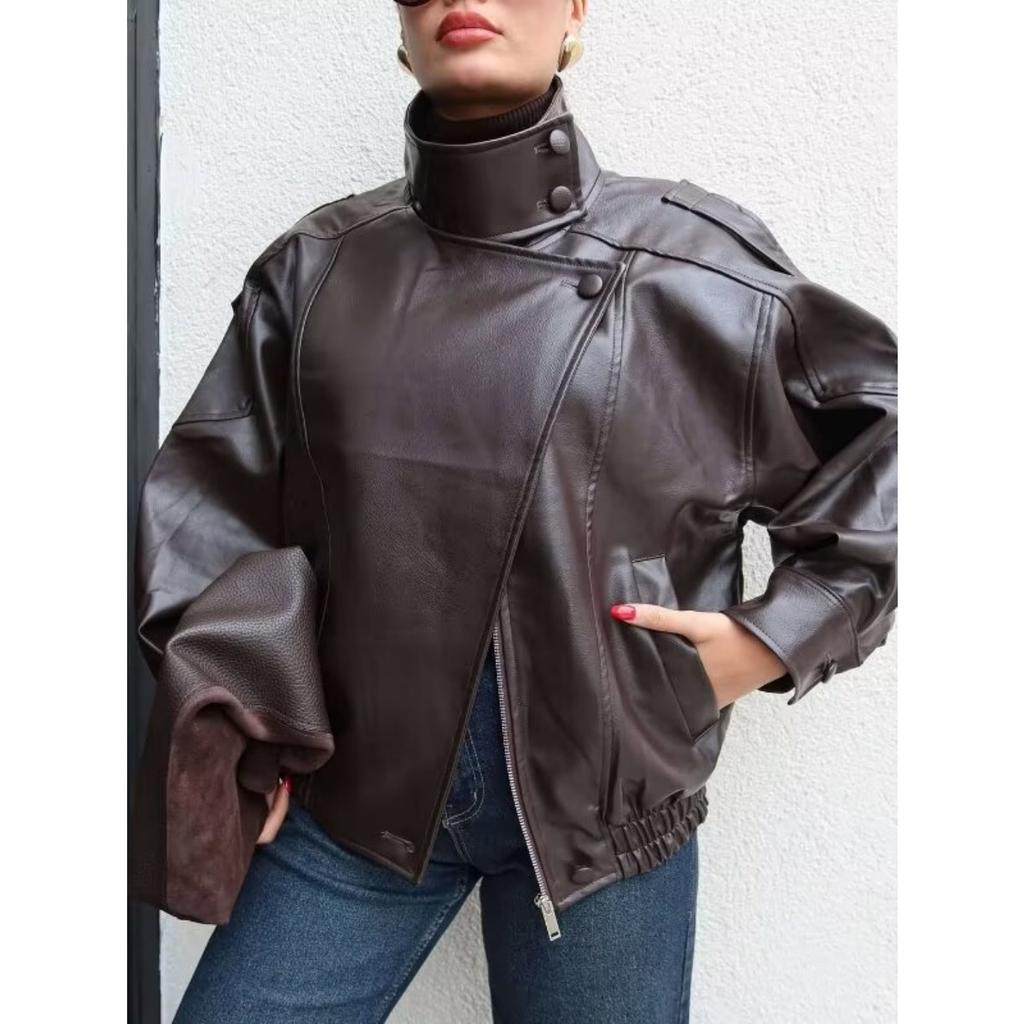 Winter Women's Retro Street Style Faux Leather Jacket Lychee Pattern European American Style Hot Sale In Stock