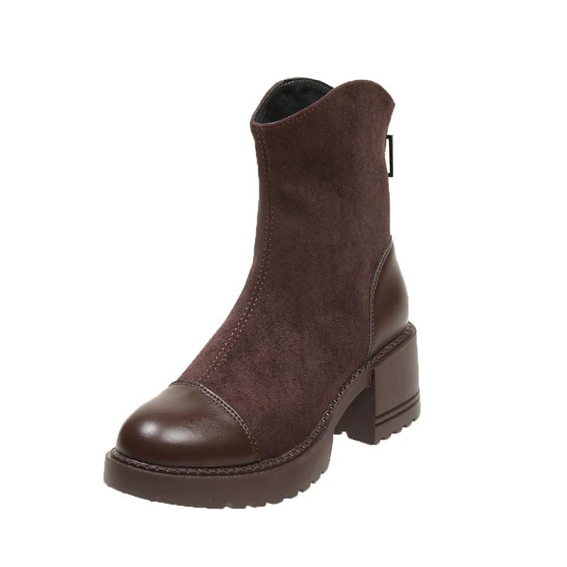 Fashion Women's Boots New Spring Autumn High-heel Boots Platform New British Round Toe Anti Slip Zipper Wear-resistant Fashion Boots