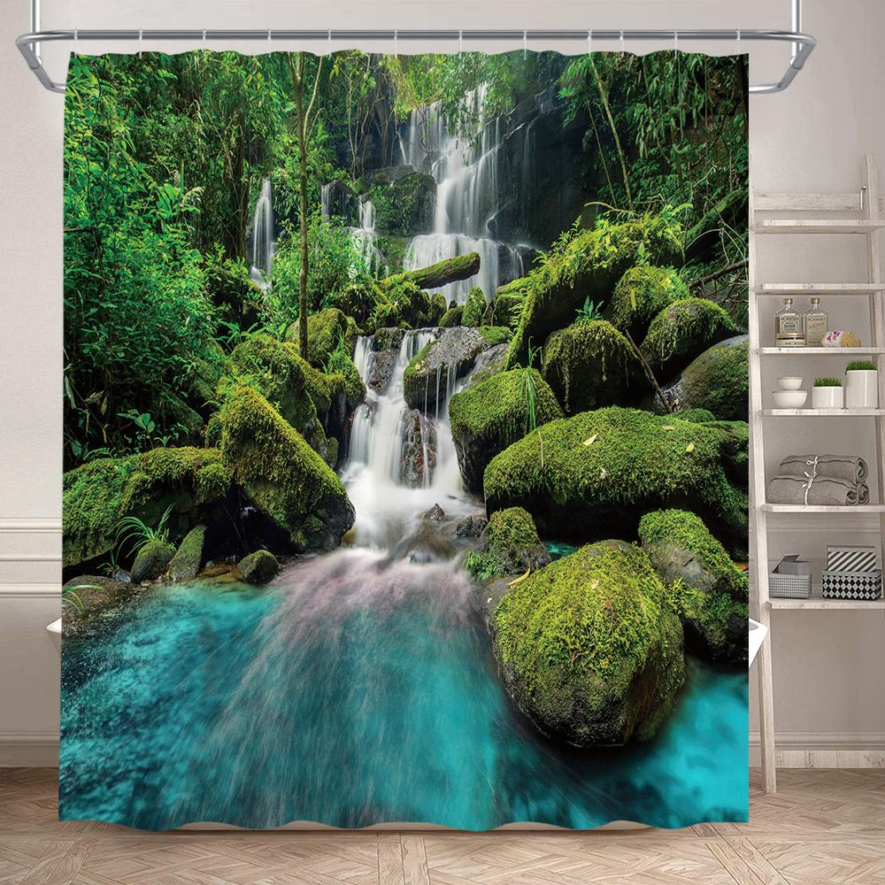 Forest Landscape Shower Curtains Tropical Jungle Palm Plants Waterfall Nature Scenery Fabric Bathroom Curtain Decor With Hooks