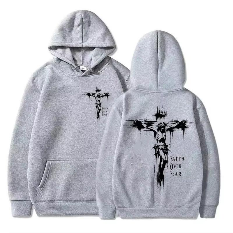 Men's Sweatshirt with Religious Cross Print and Motivational Text Pullover Style Autumn Fashion Casual Hooded Sweatshirt