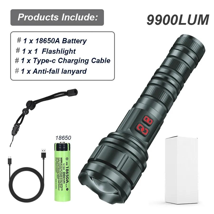 Powerful 9000LM Led Flashlight USB Rechargeable Zoom Tactical Torch Ultra Bright Outdoor Camping Fishing Hunting Emergency Lamp