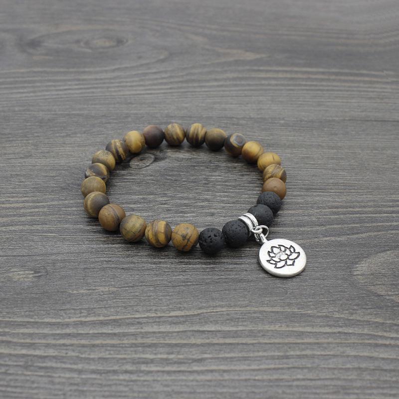 Lotus Yoga Tree of Life Pendant Mala Bracelet with Volcanic Stone & Tiger Eye