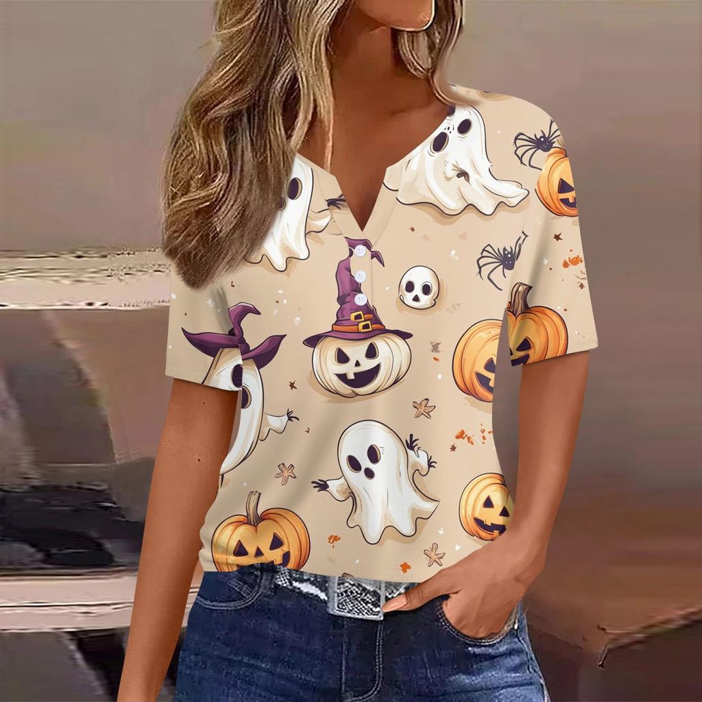 Women's T Shirt Tee Halloween Printed Button Short Sleeve Tunic Daily Weekend Fashion Basic V- Neck Regular Top