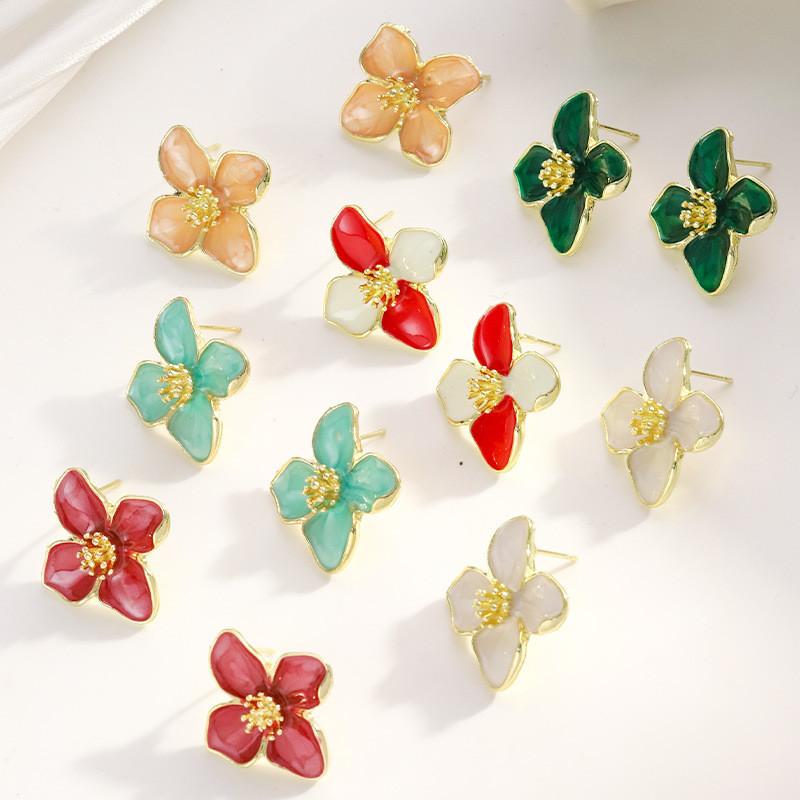 Pinkdudu Vintage Hibiscus Stud Earrings for Women Red Drop Glaze 3D Floral Earrings French Style Jewelry PD2323