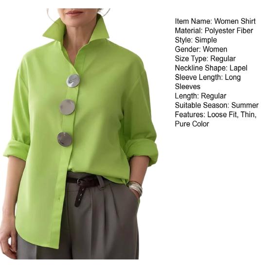 Women Shirt Lapel Long Sleeve Loose Fit Shirt Tops Metal Buttons Pure Color Summer Shirt Work Parties Casual Wear
