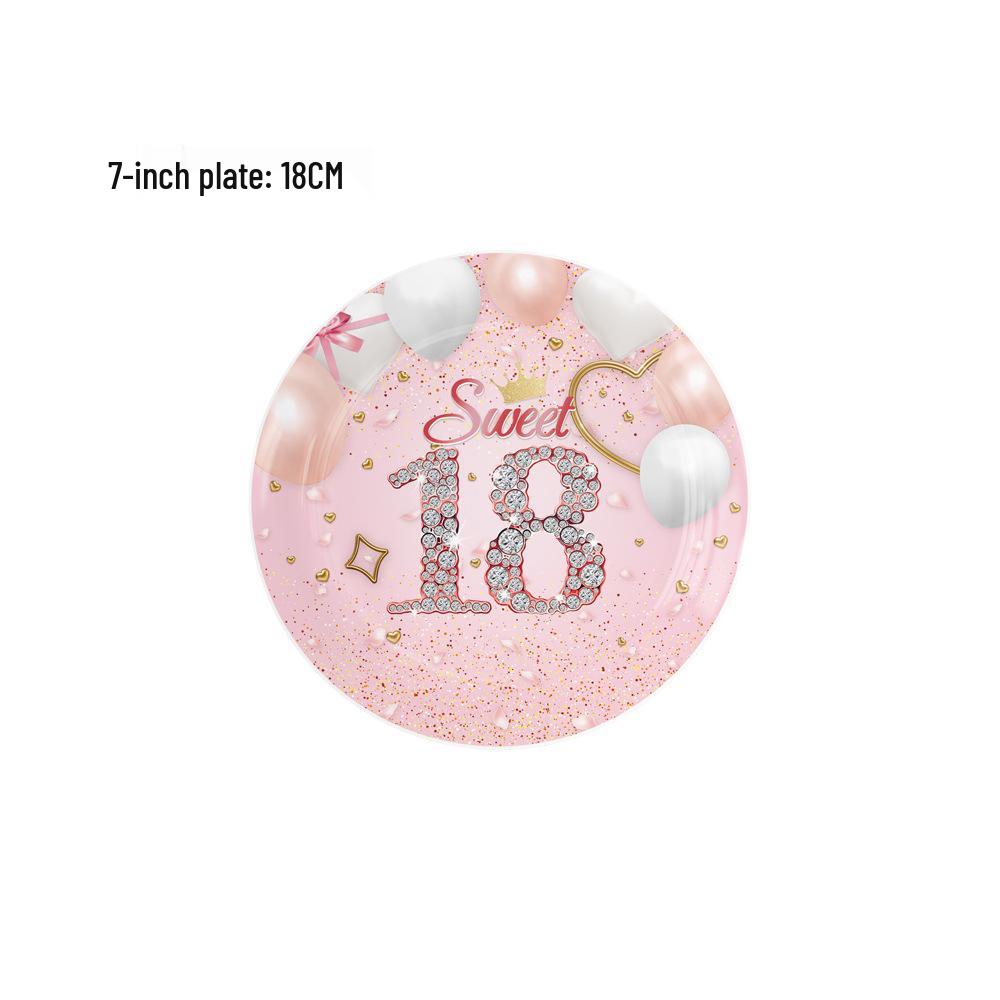 18th Birthday Pink Party Set: Plates, Cups, Napkins, Cutlery, Flags.