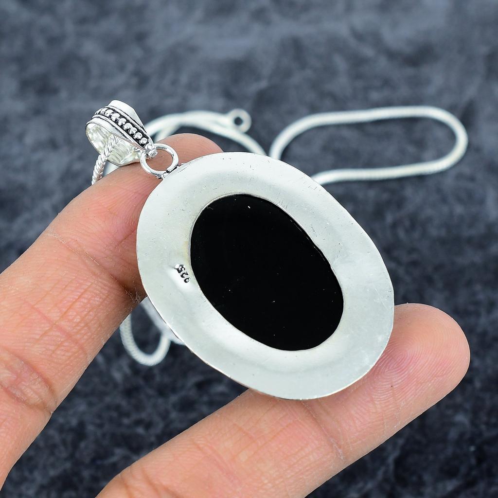Black Onyx Gemstone Handmade 925 Sterling Silver Jewelry Pendant 2.40" M-2853