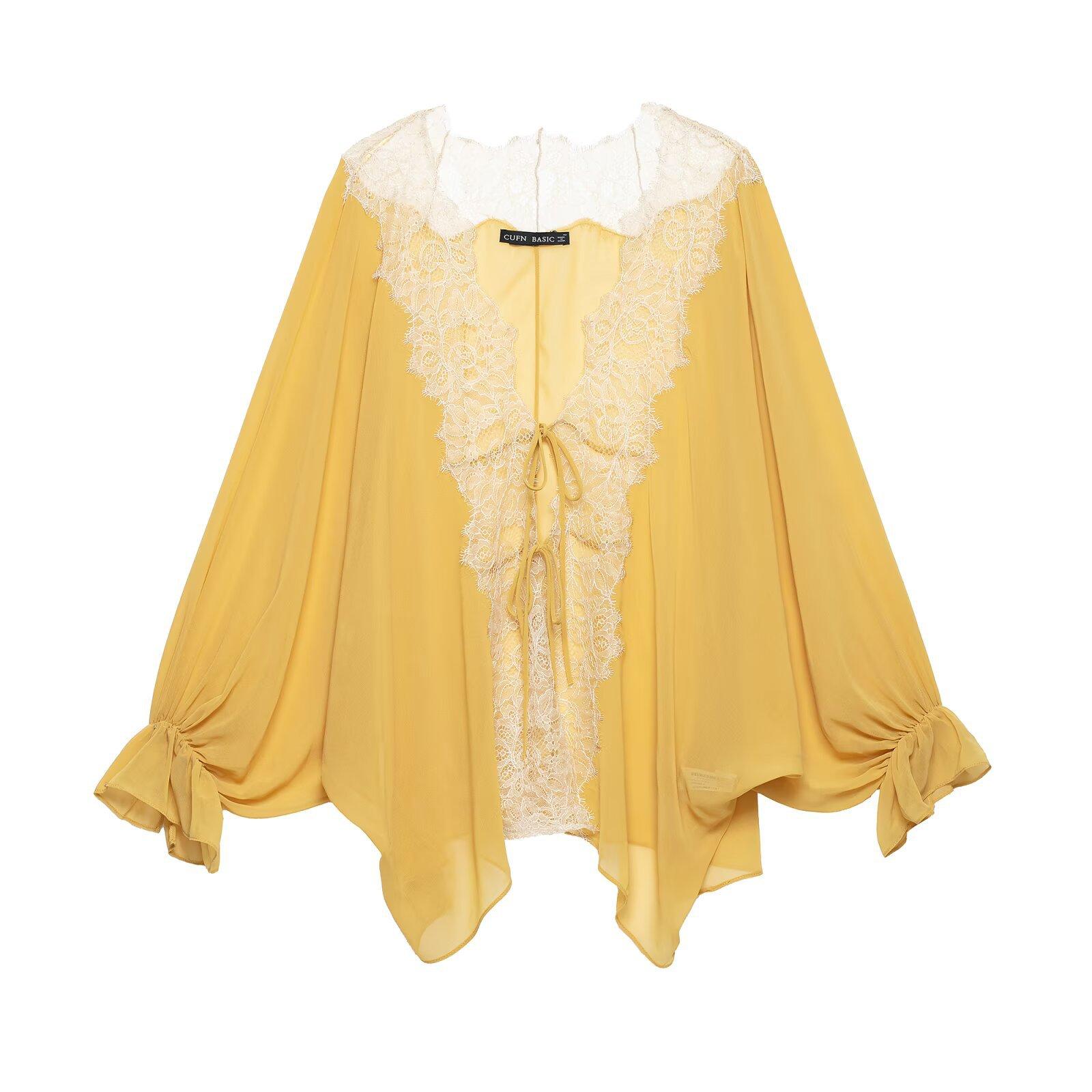 European and American style new women s fashionable long-sleeve asymmetrical transparent lace shirt XS