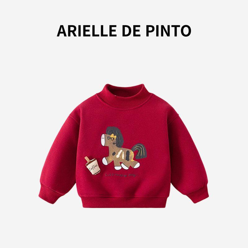 French Arielle De Pinto Winter Sweatshirt for Boys and Girls, National Style Festive Fleece-Lined Cartoon Pony Sweatshirt, New Year s Wear Red 150