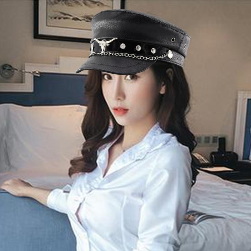 Contemporary Militaries Cap With Bullhead Rivet Chain Design Breathable Adjustable Outdoor Hat for Women Girls