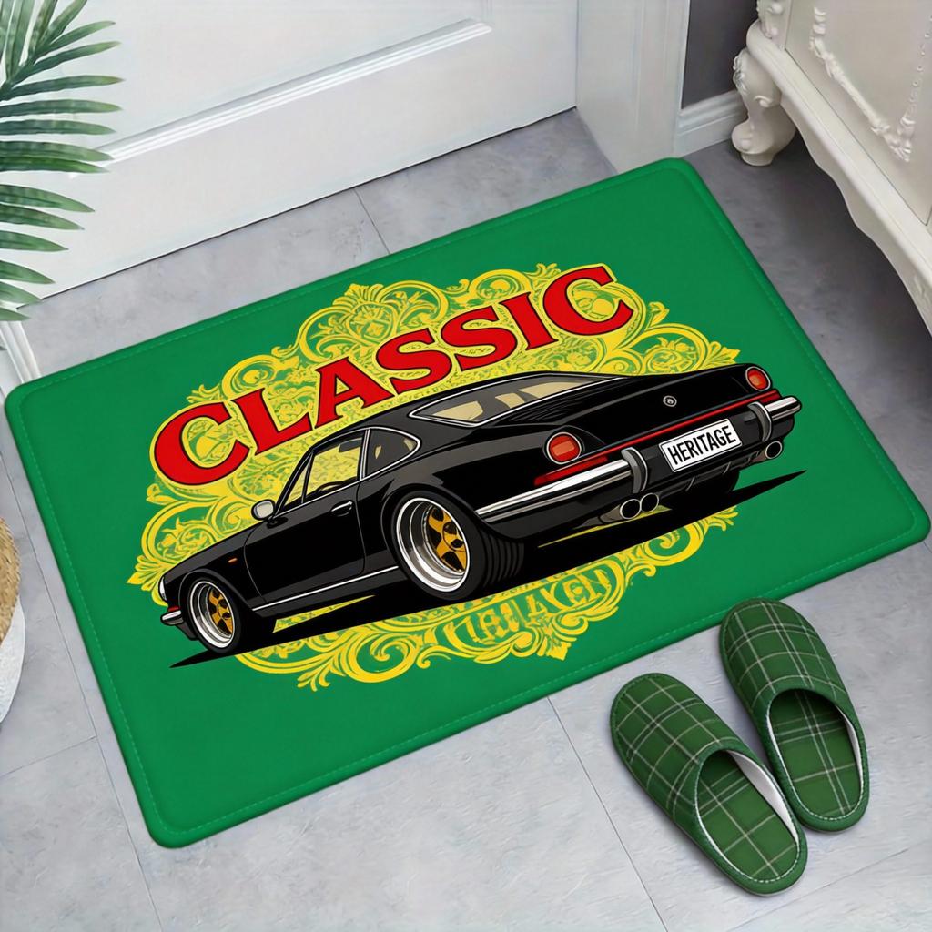 JDM Car Doormat Black Tuning Vehicle with Yellow Background & "BVECTOR" Logo, Anime-Style Floor Mat for Man Cave and Garage