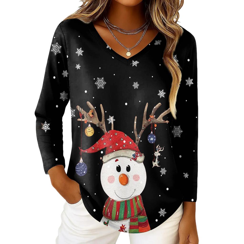 Women's Christmas Print Casual V-Neck Long Sleeve Top