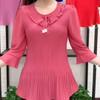 Female Clothing Solid Color Slim Blouse Fashion Bow Pleated Spring Summer 3/4 Sleeve Casual O-Neck All-match Patchwork Shirt