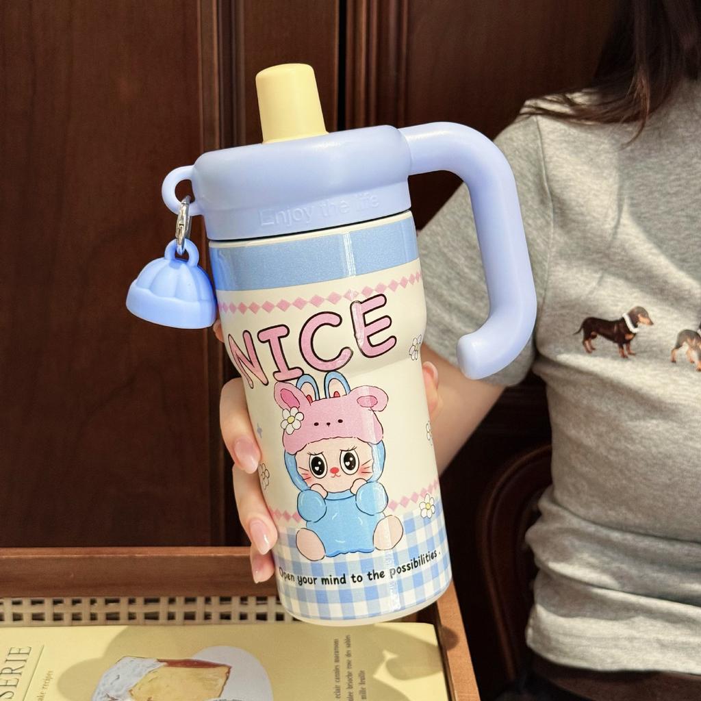 Cartoon Handle Straw Cup Stainless Steel Vacuum Thermos Cup Household Water Cup Office Desktop Cup Gift Cup