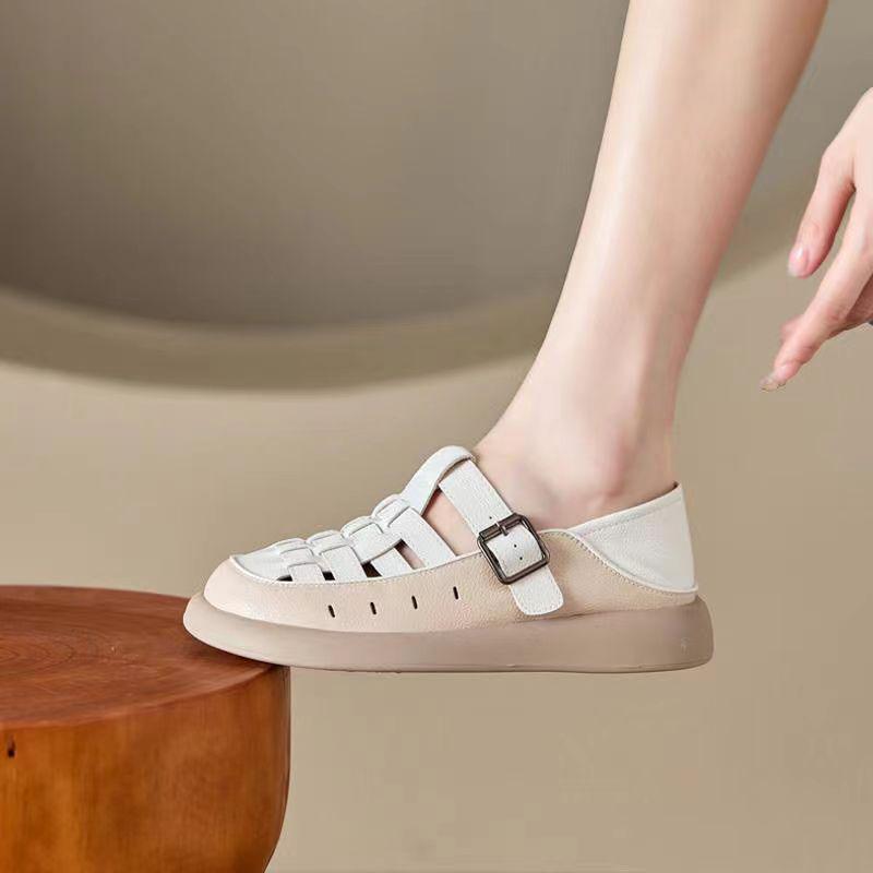 Sandalias Retro de Cuero Suave Transpirable de Punta Cerrada para Mujer Verano 2025