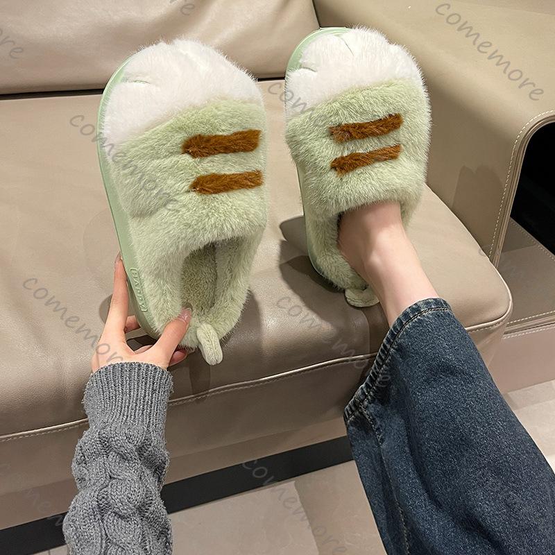 Fashion Comemore Cute Tiger Paw Cotton Slippers for Women Thick Bottom Indoor Warm Furry Cotton Shoes Winter Cartoon Flat Fur Slippers