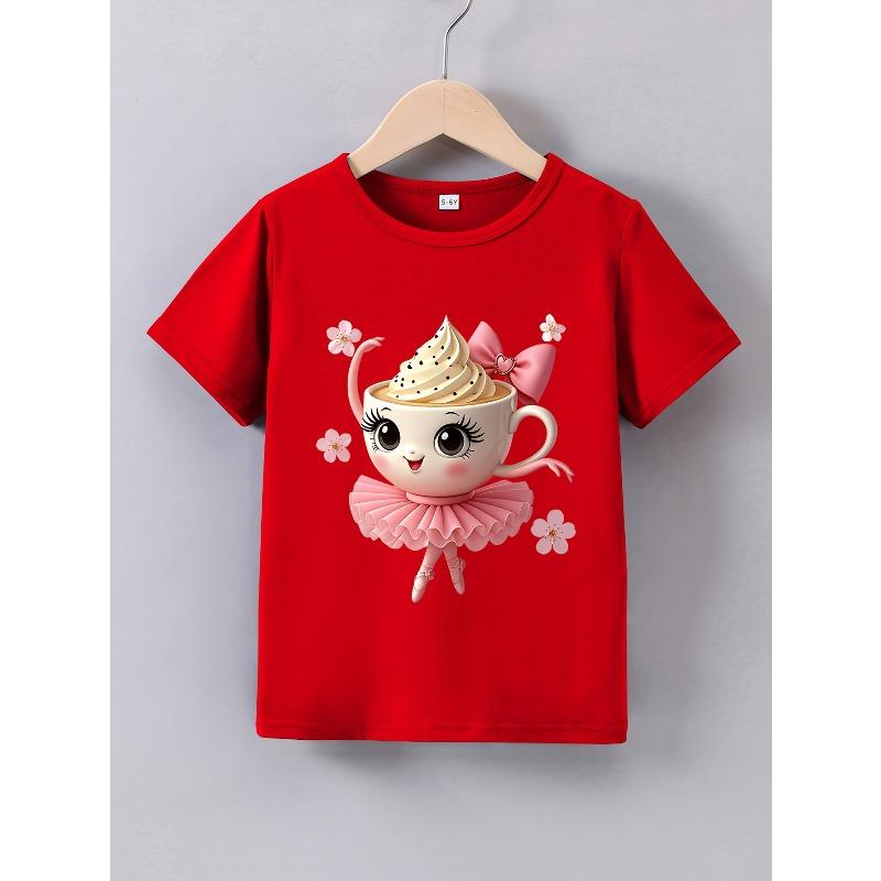 European Sizes Girls' Summer Short-Sleeve Cartoon 'Cappuccino Ballerina' Print T-Shirt