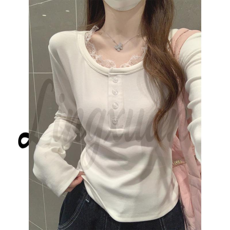 Korean Autumn Slim-Fit Square Neck Lace Trim Long-Sleeved Cashmere T-Shirt for Women