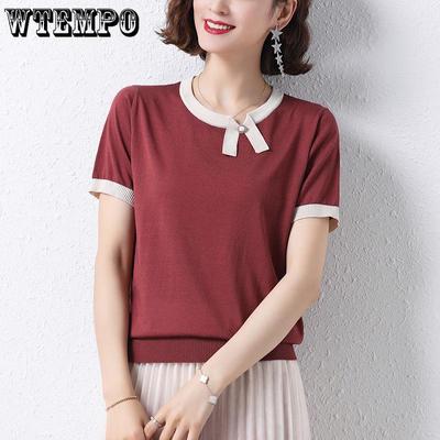 Nueva camiseta de verano con lazo estilo occidental, camisa corta de punto de seda helada, top fino de verano para mujer, manga corta