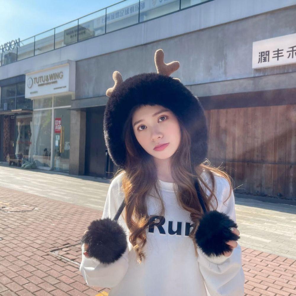 Skull Cap Antlers Hat Beanie Hat Winter Plush Hat Cute Knit Beanie  Warm