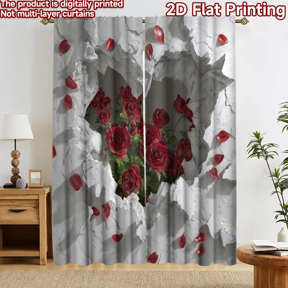2D flat printing 2pcs Curtain Curtain Valentine's Heart with Roses Digital Printed Polyester Drapes Holiday Decorations Perfect