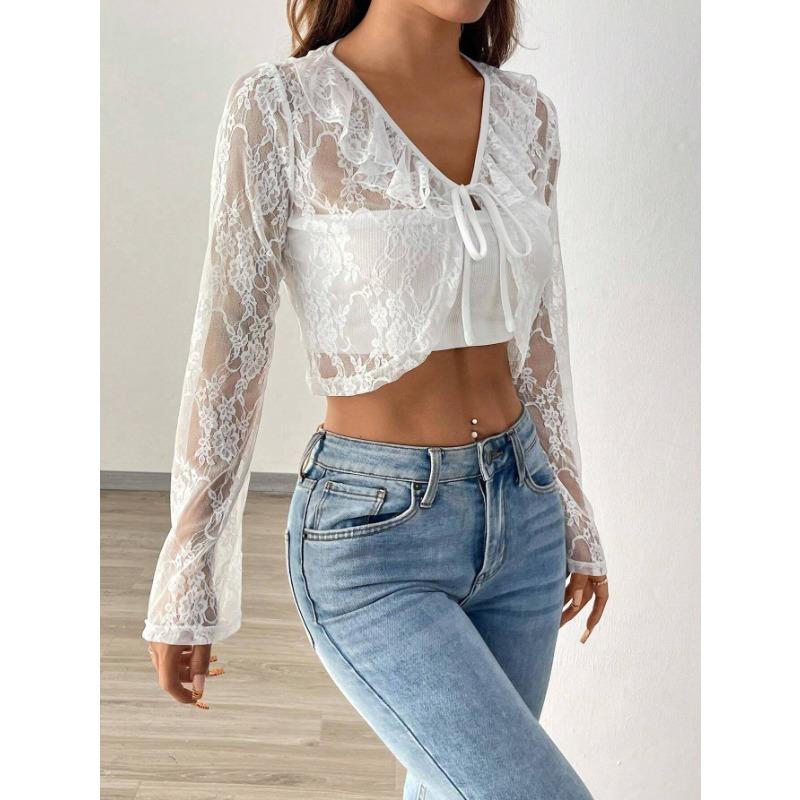 

Осенне-зимняя женская элегантная сексуальная горячая сетка с оборками и кружевным галстуком с длинным рукавом XXL белый