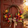 Artificial Floral Wreath European Style Colorful Flowers Hanging Wreath for Indoor Outdoor Home Decoration Orange Red