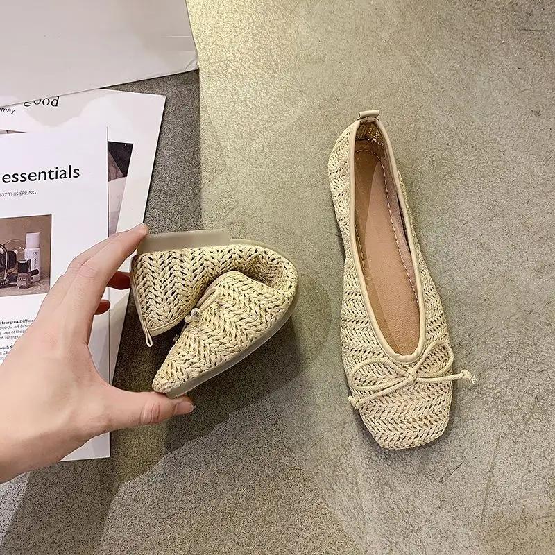 Woman Footwear Kawaii Apricot Shoes For Women With Bow Flats Flat Cute Normal Leather Casual Square Toe Korean Style Chic Point