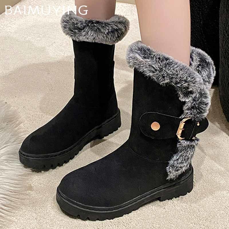 Fur Flats Suede Woman Mid Calf Boots Casual Warm Cozy Walking Shoes 2024 Winter Brand Fashion Short Plush Dress Mujer Zapatillas