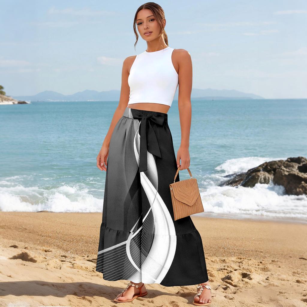 Women's Wide-Leg Casual Pants, Stretch, High Waist, Ruffled Hem, Wide Legs, Belted, And Pockets