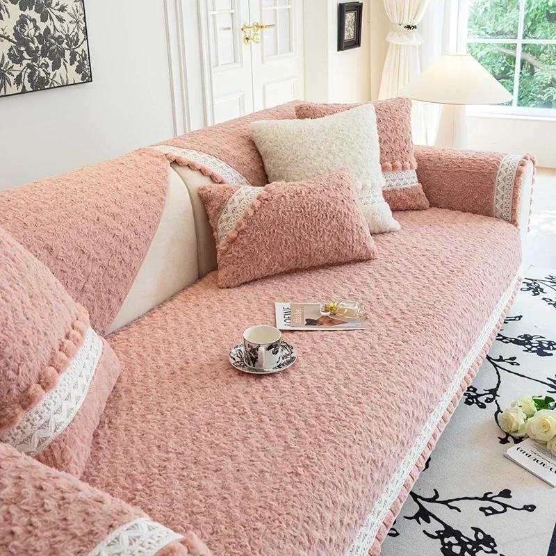 Čtyři roční období Univerzální Plyšový Potah na Pohovku Protiskluzový Sedák Okraj s Bambulkami Podzim Zima Kožený Krémový Styl Podložka na Pohovku