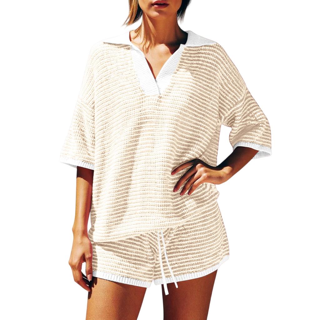 Women's Two-piece Set With Mid Sleeve V-neck Striped Knit Top, High Waisted Shorts, Casual Suit