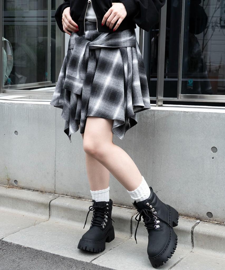 WEGO Irregular Hem Mini Checkered Korean Size Black Women's Flannel-Like Skirt, Skirt, Fall/Winter Outfit, Streetwear, Casual, Style, Gift, F,