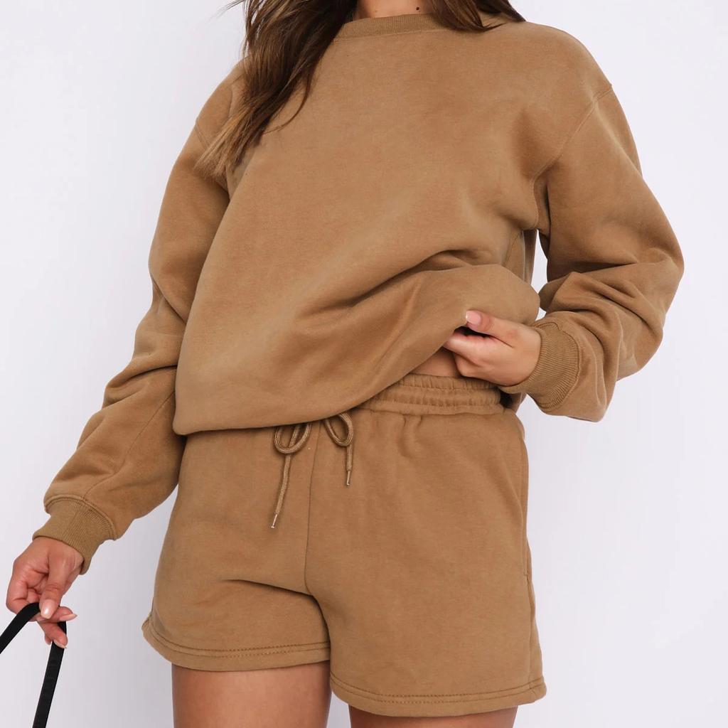 1116 Spring and Autumn Women's New, Solid Color Loose and Versatile Casual Crew Neck Sweater Shorts Set