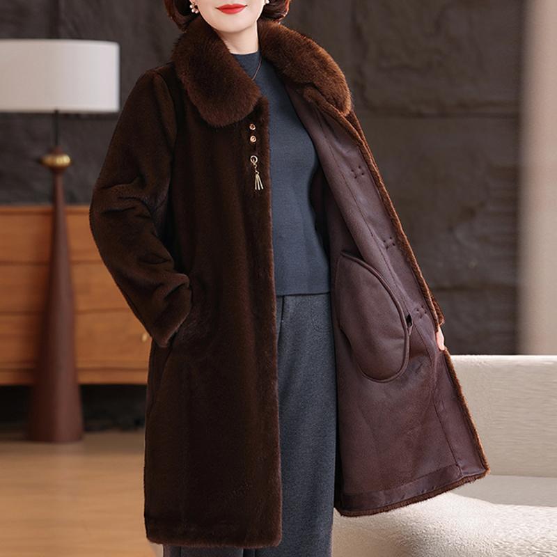 Zimní dlouhý kabát z umělé kožešiny pro ženy Hřejivý hustý luxusní svrchník Elegantní bunda z kožešiny pro ženu středního věku