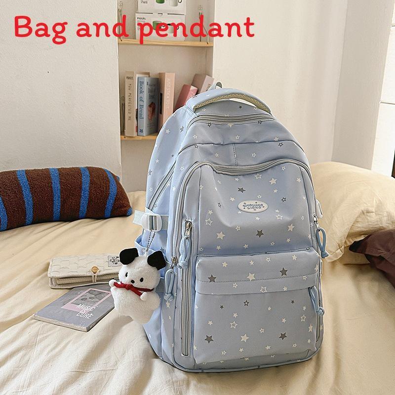 Star Pattern Simple Student Backpack With Plush Pendant For Casual Daily