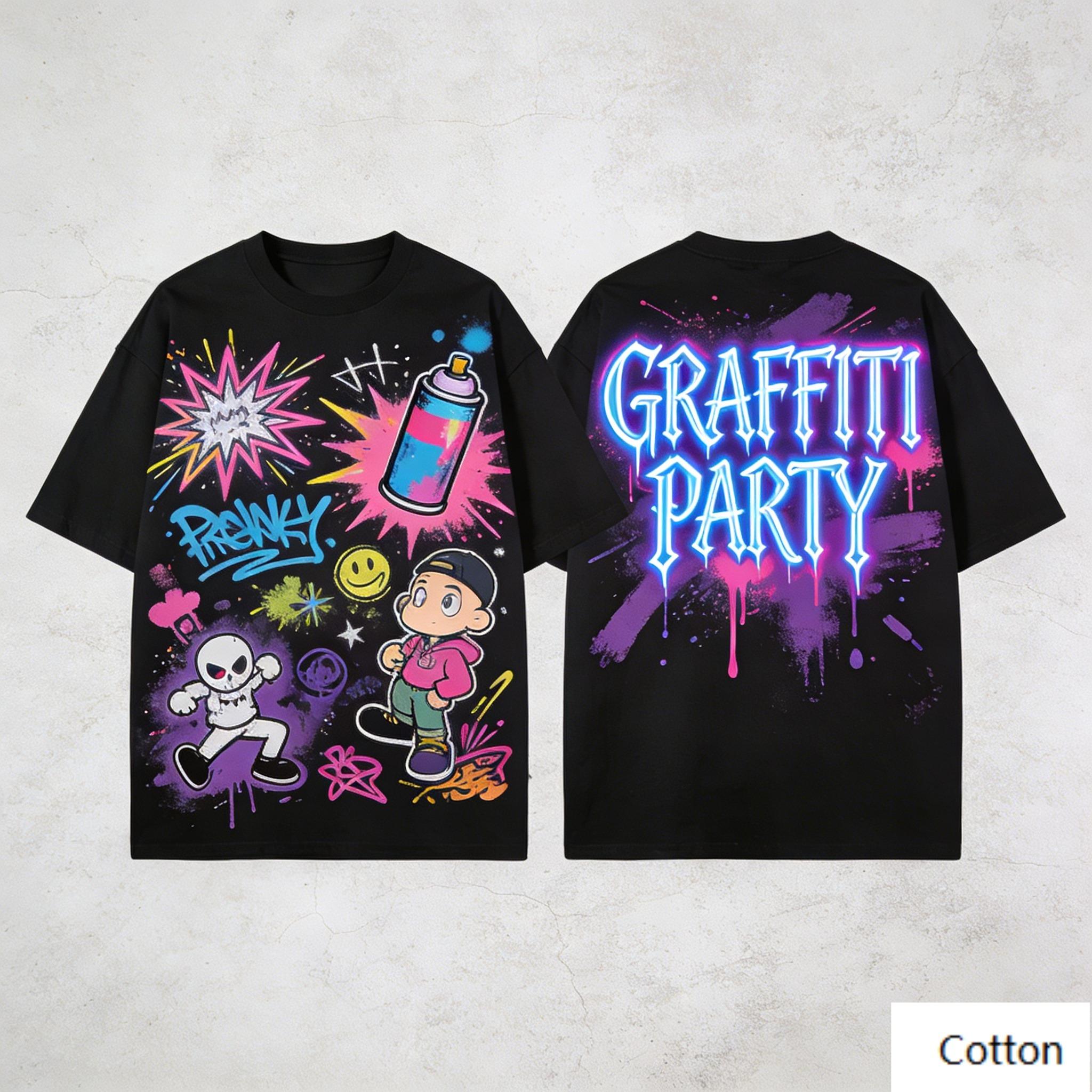 Cartoon Graffiti Character Graphic TShirt Neon GRAFFITI PARTY Print Pure Cotton Tee Streetwear Style Unisex Top S