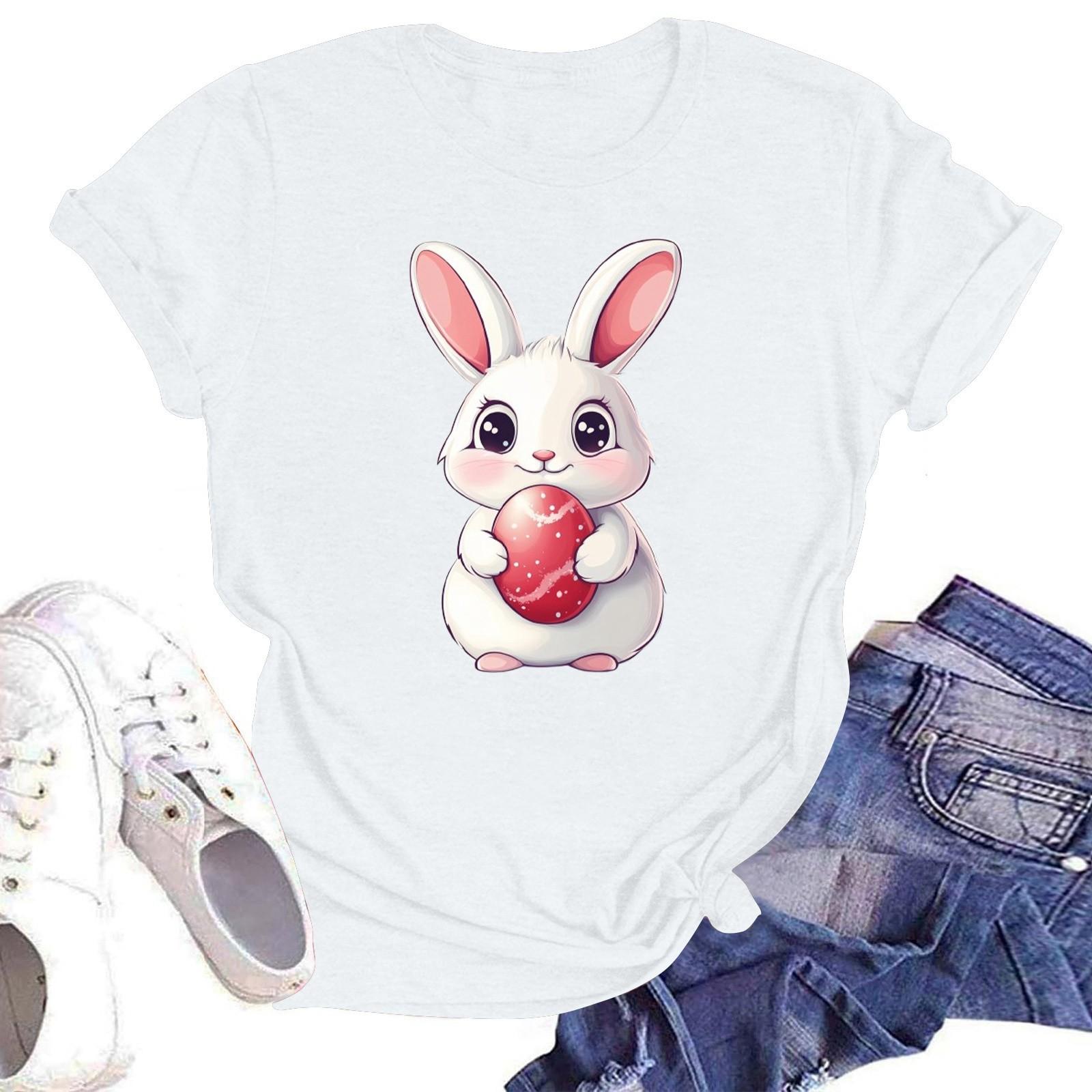 

З Великоднем Жіноча Мода Принтована Футболка з Круглим Вирізом та Коротким Рукавом Пуловер Топ XL білий