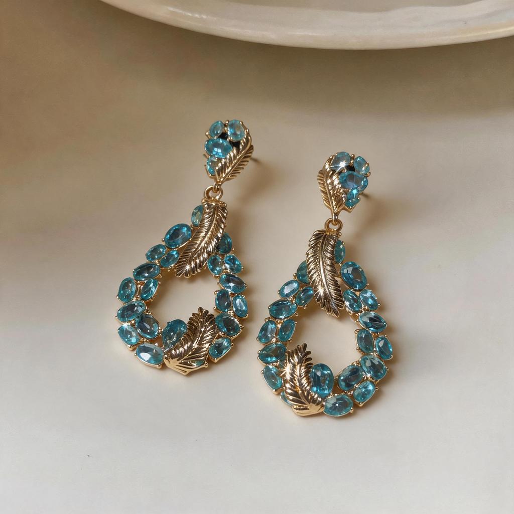 Silver Needle Retro Premium Zircon Feather Water Drop Earrings Exquisite Court Heavy Craft Light Luxury Fashion Earrings