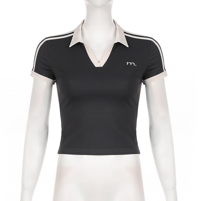 POLO collar T-shirt American spicy girl letter embroidery slim fit commuting contrasting color double bar casual versatile short sleeved top