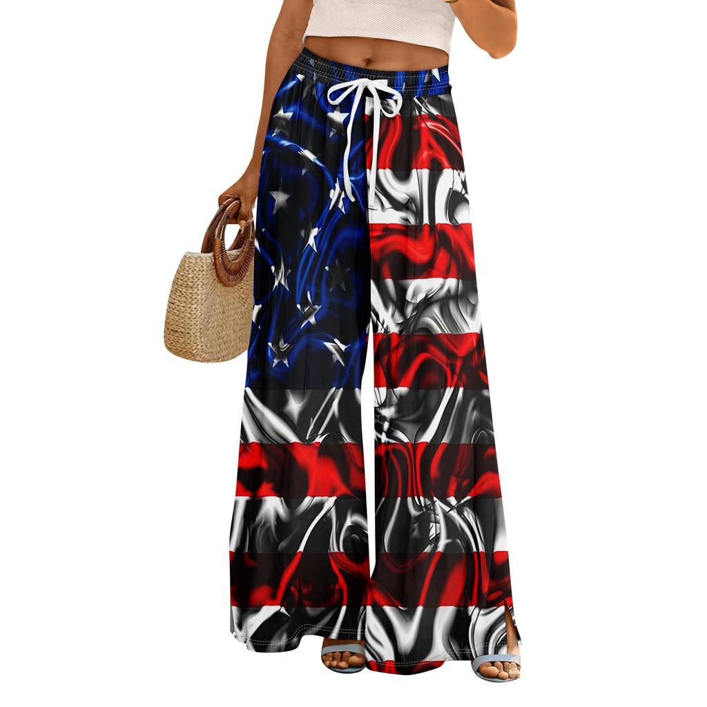 Women Summer Boho Palazzo Pants High Waist Wide Leg Independence Printing Casual Trousers With Pockets