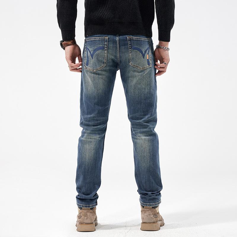 Brand denim men's high street elastic jeans men's popular trendy brand slim-fit straight retro washed casual trousers