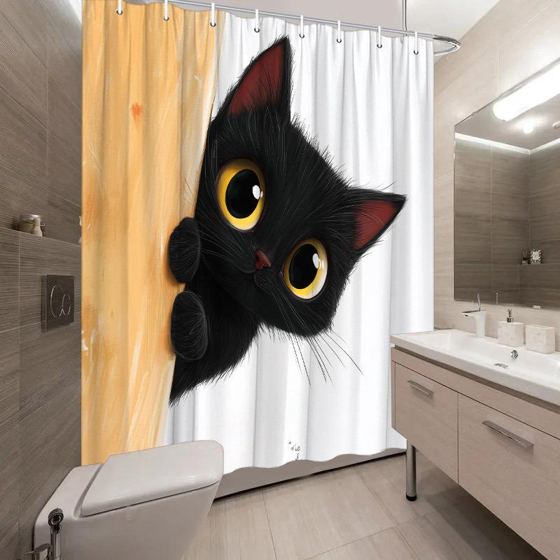 Cute Black Cat Shower Curtain Cat Peeking from Door Cartoon Art Pet Lover Decor Waterproof Fabric Bath Curtain Set Home Style 90x180CM