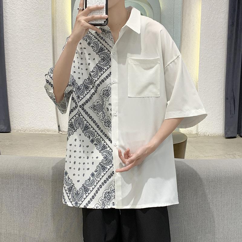 

Рубашка с короткими рукавами с цветком кешью, мужская летняя корейская мужская рубашка с пятиточечным рукавом, свободная повседневная верхняя мужская модная блузка с половиной рукава