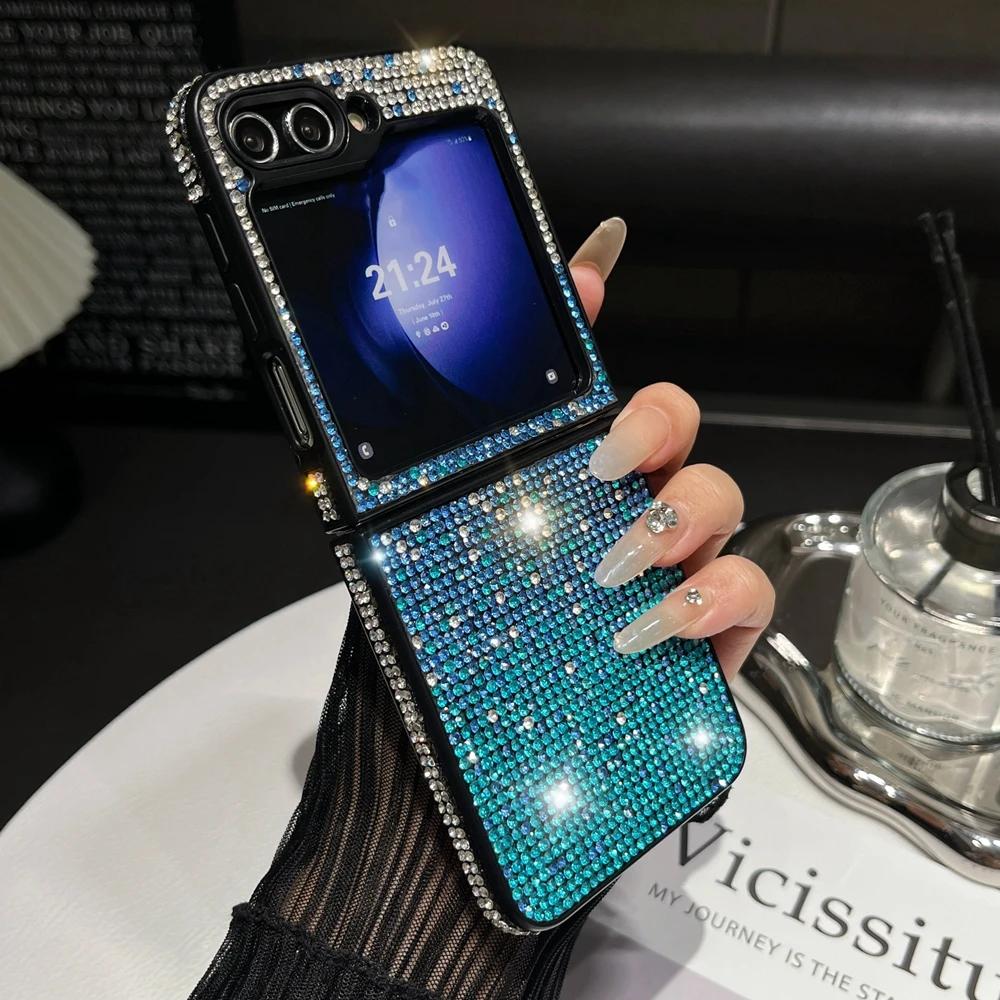 Gradual Change Flash Diamond Folding Lanyard Case for Samsung Galaxy Z Flip 6 5 4 3 ZFlip 6 With Bracelets Hard Cover