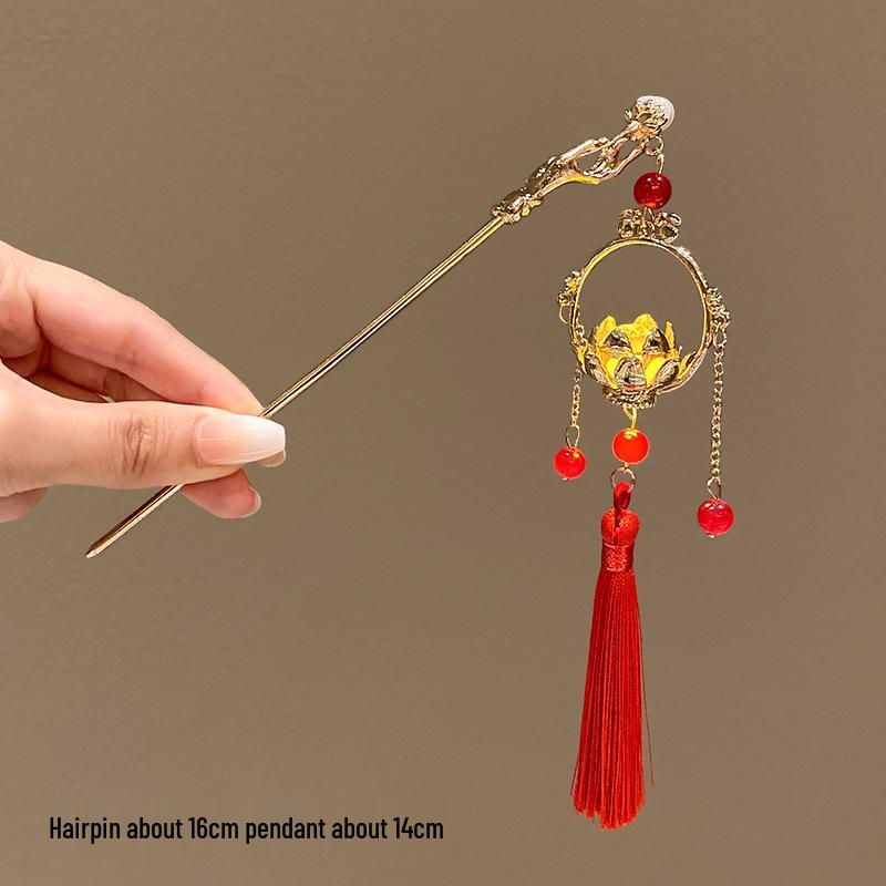 Children's Glowing Tassel Lantern Hairpin - Ancient Style Hair Bun Accessory for New Year's Hanfu Headdress.