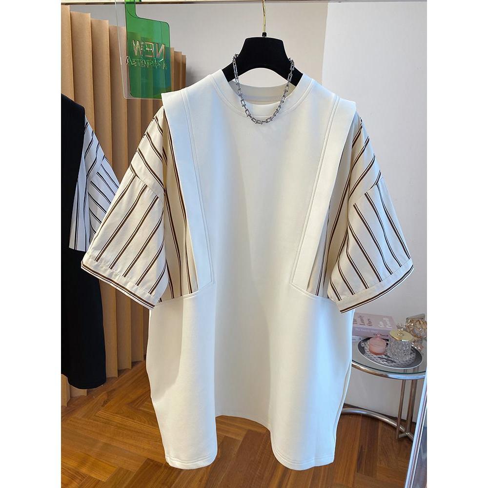 

Лоскутная полоска Контрастные цвета Летняя женская футболка Харадзюку Свободного кроя Большого размера С коротким рукавом Повседневная Удобная Длинные топы 4XL белый