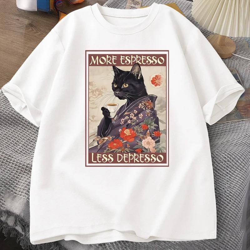 More Espresso Less Depresso Humorous T-Shirt Women Black Cat Coffee T Shirt Y2k Summer Women Short Sleeve Tee